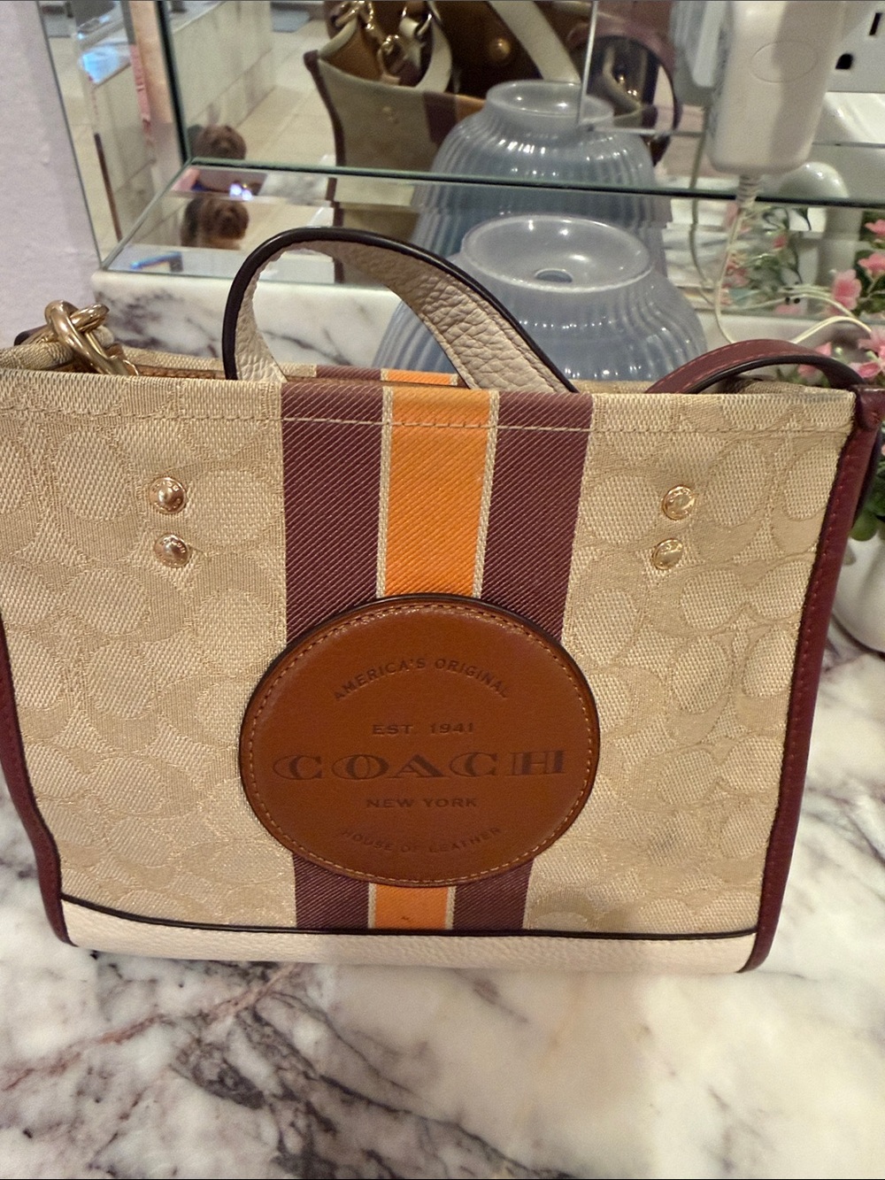 Coach Beige Signature Crossbody with Brown and Orange Stripes